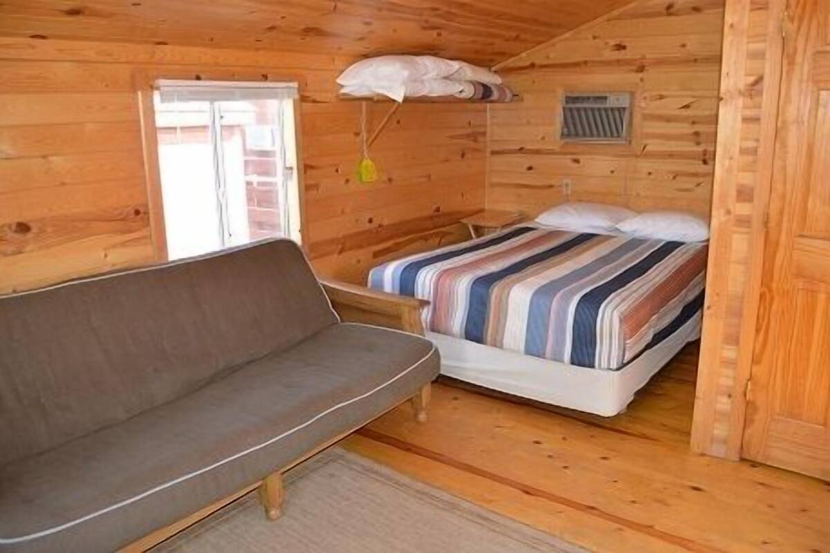 A small cabin with a single bed, a sofa, and a window.