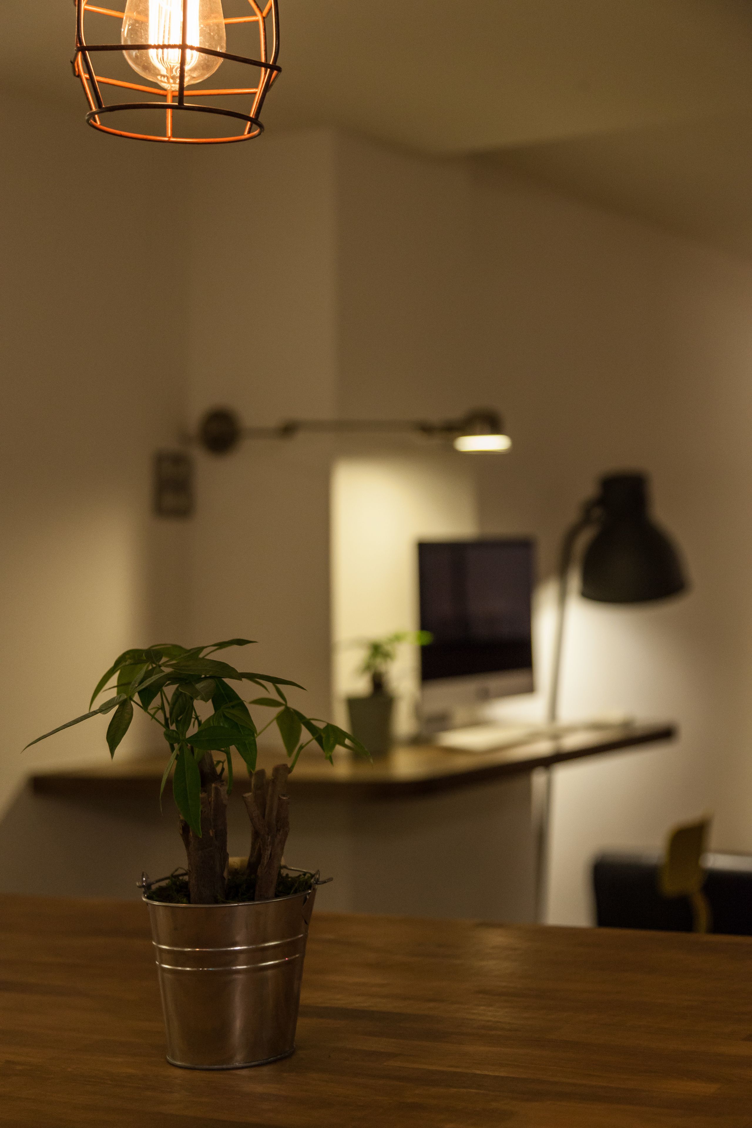 A wooden table with a potted plant, a desk with a computer monitor, and a lamp.