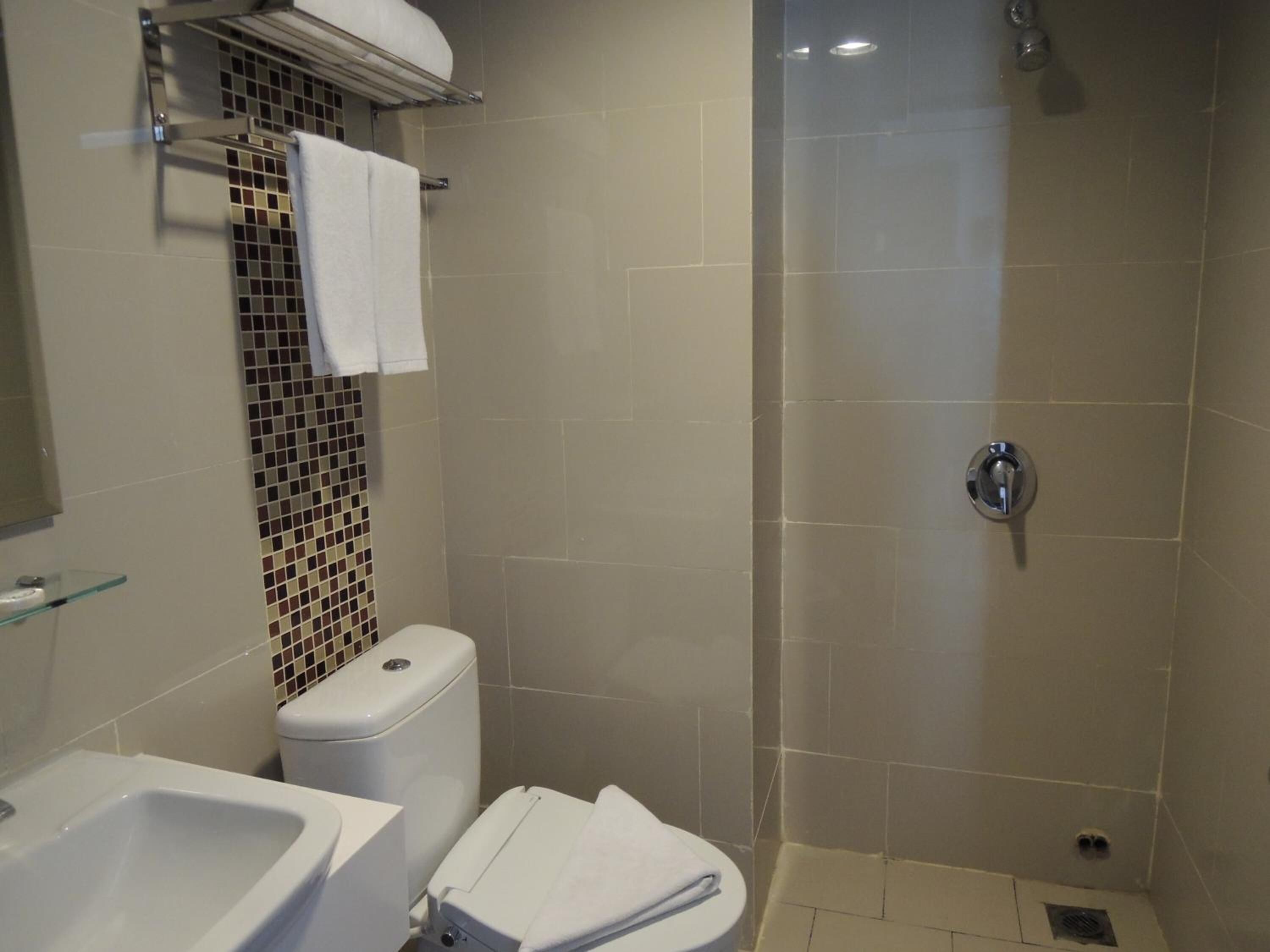 Un baño con inodoro, lavamanos y ducha.