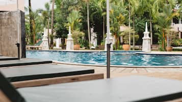 Outdoor pool, pool umbrellas, pool loungers