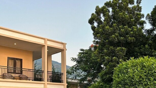 Un edificio de dos pisos con un balcón, rodeado de abundante vegetación y un árbol grande.