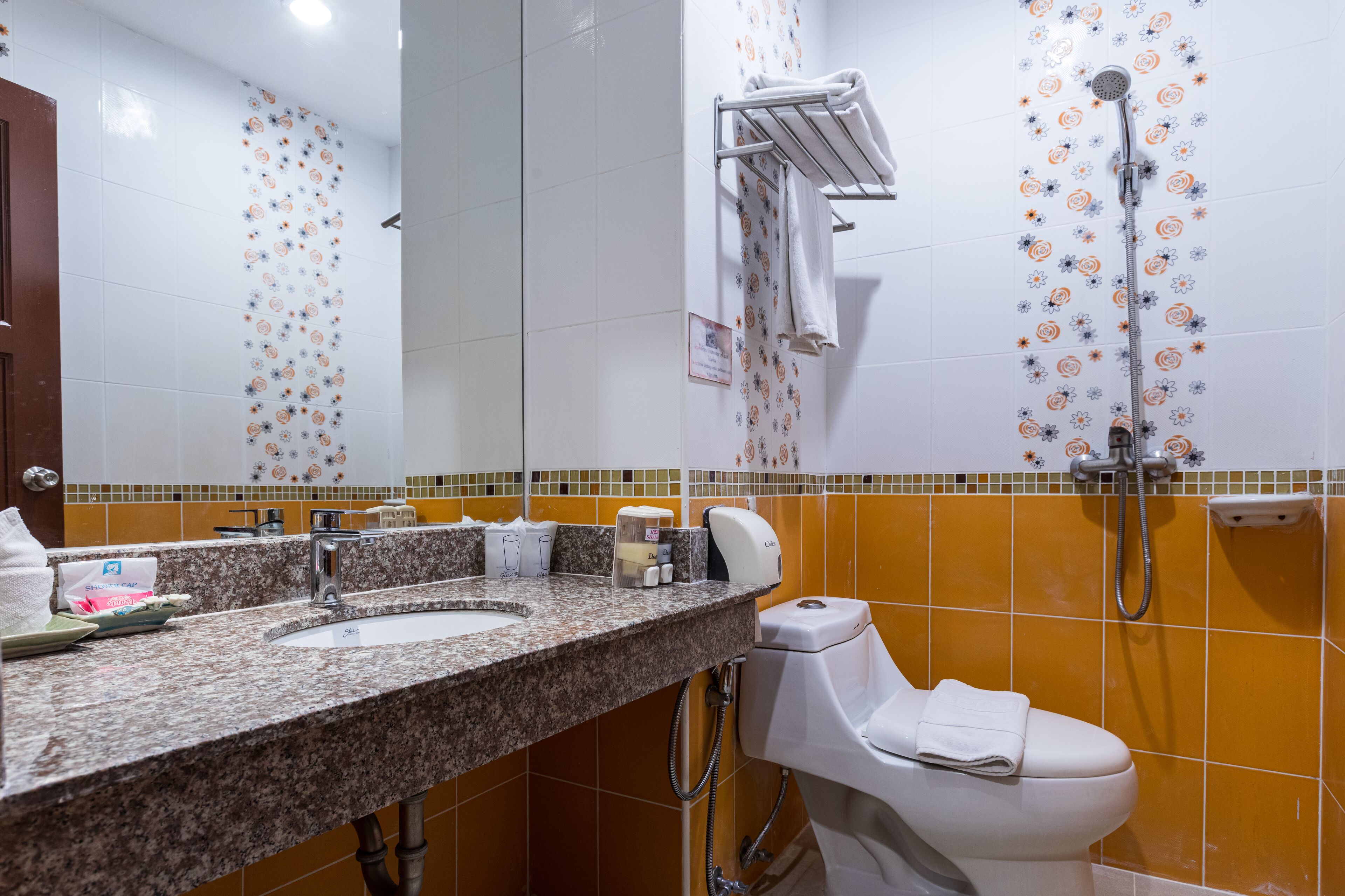 Une salle de bain avec un lavabo sur un plan de toilette en granit, des toilettes, une douche avec un pommeau de douche à main et des carreaux décoratifs sur les murs.