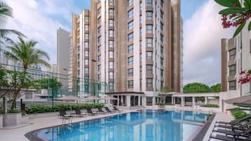 Outdoor pool, pool umbrellas, pool loungers