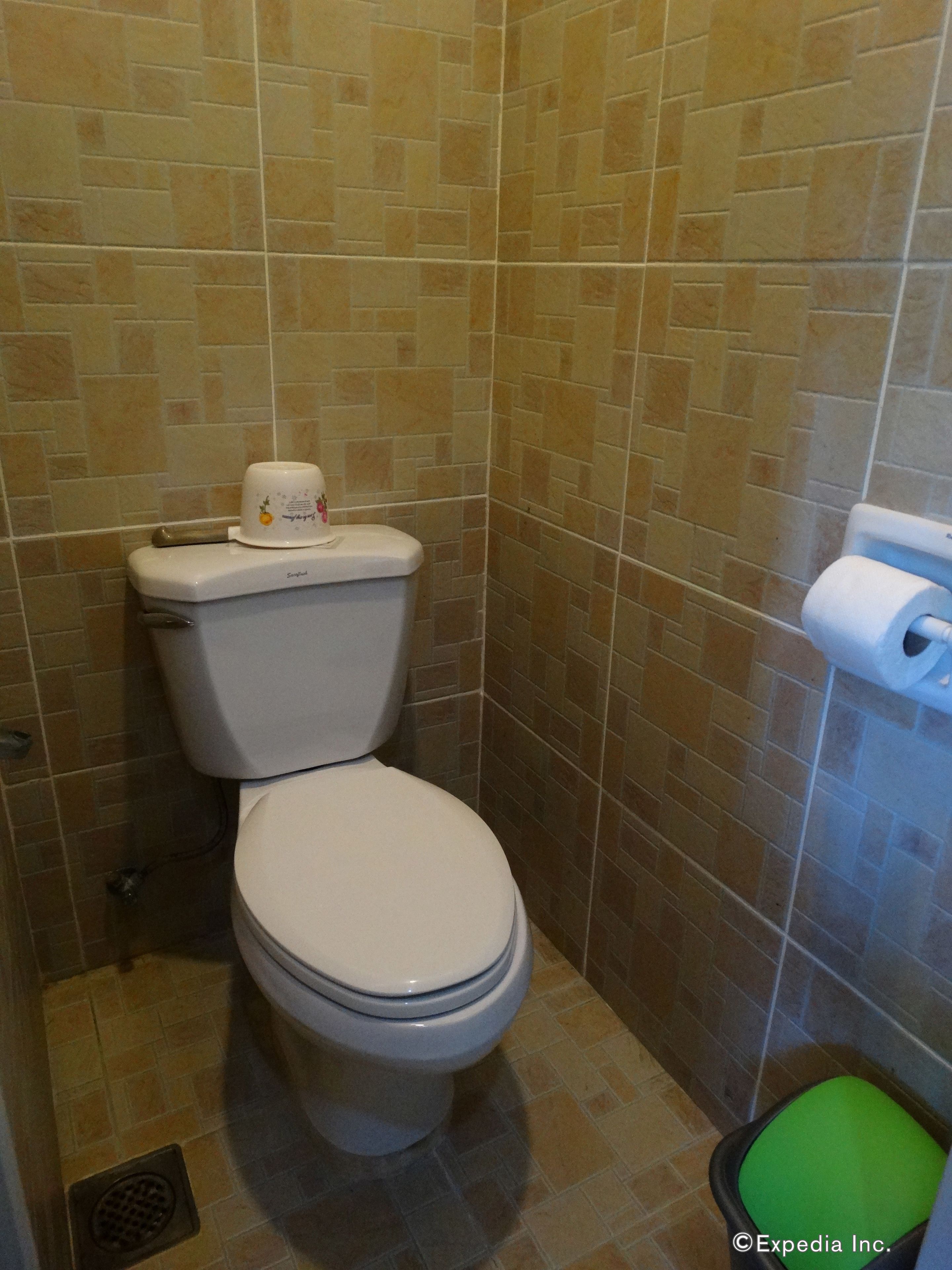 Un baño con un inodoro, un dispensador de papel higiénico y un cubo de basura verde.