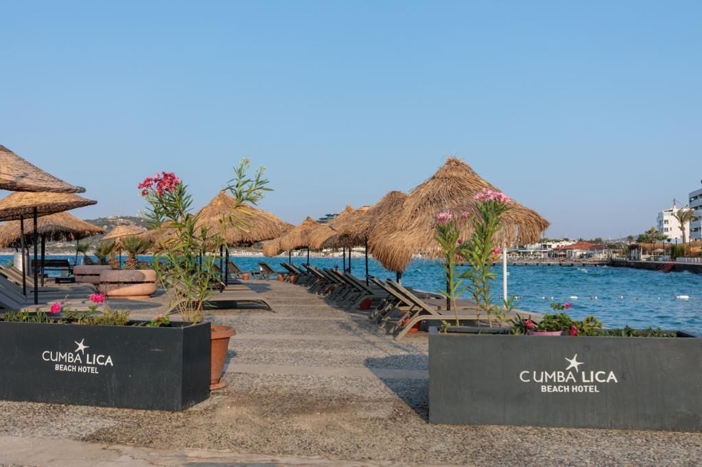 A beach hotel with thatched umbrellas, lounge chairs, and a clear view of the sea.