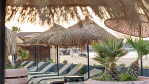 Un área junto a la piscina con sillones de descanso y sombrillas de paja.