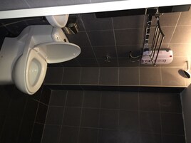 Pancuran mandi, kelengkapan dandanan diri percuma, pengering rambut 