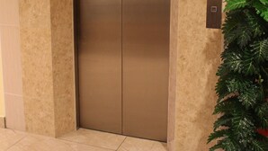 A modern elevator with a metallic finish, a digital display panel, and a potted plant beside it. - Sun Inns D'mind 3 Seri Kembangan (Seri Kembangan)