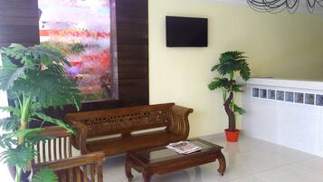Una sala de estar con sofá, una mesa de centro y plantas en macetas.