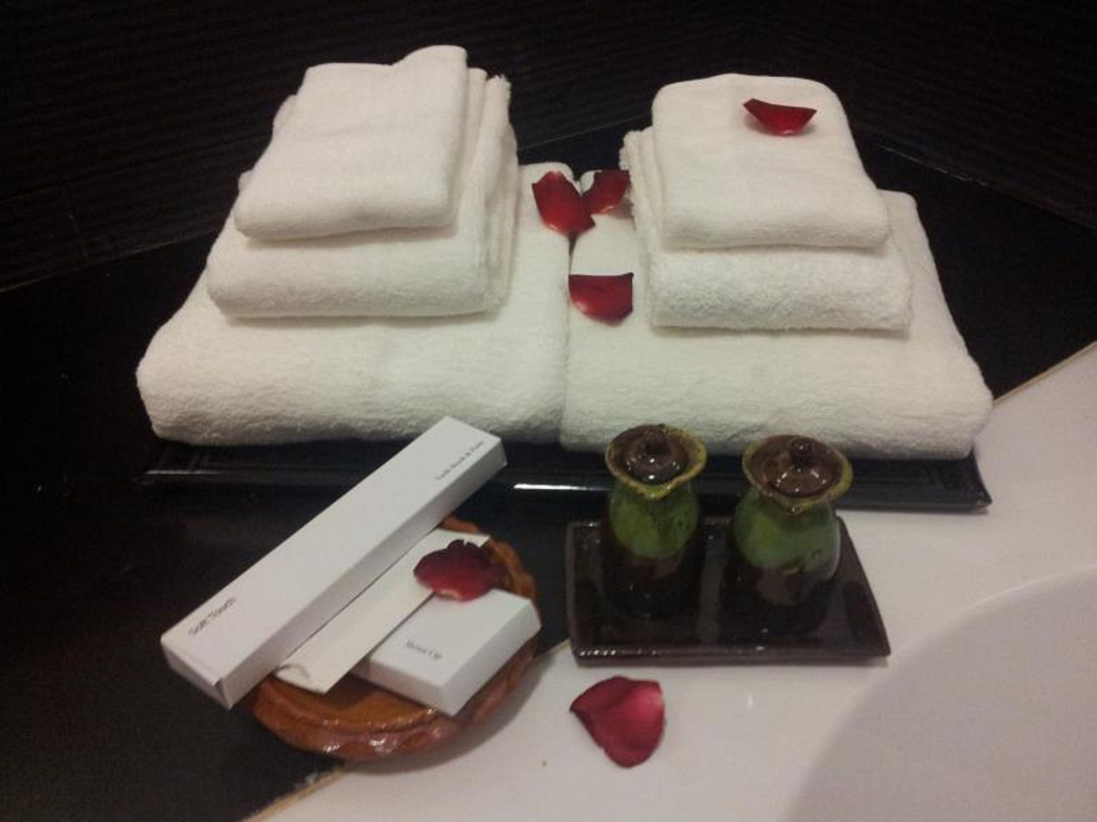 free toiletries, hair dryer, slippers, towels