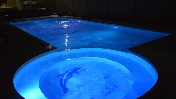 A swimming pool with a circular viewing area and a rectangular pool section.