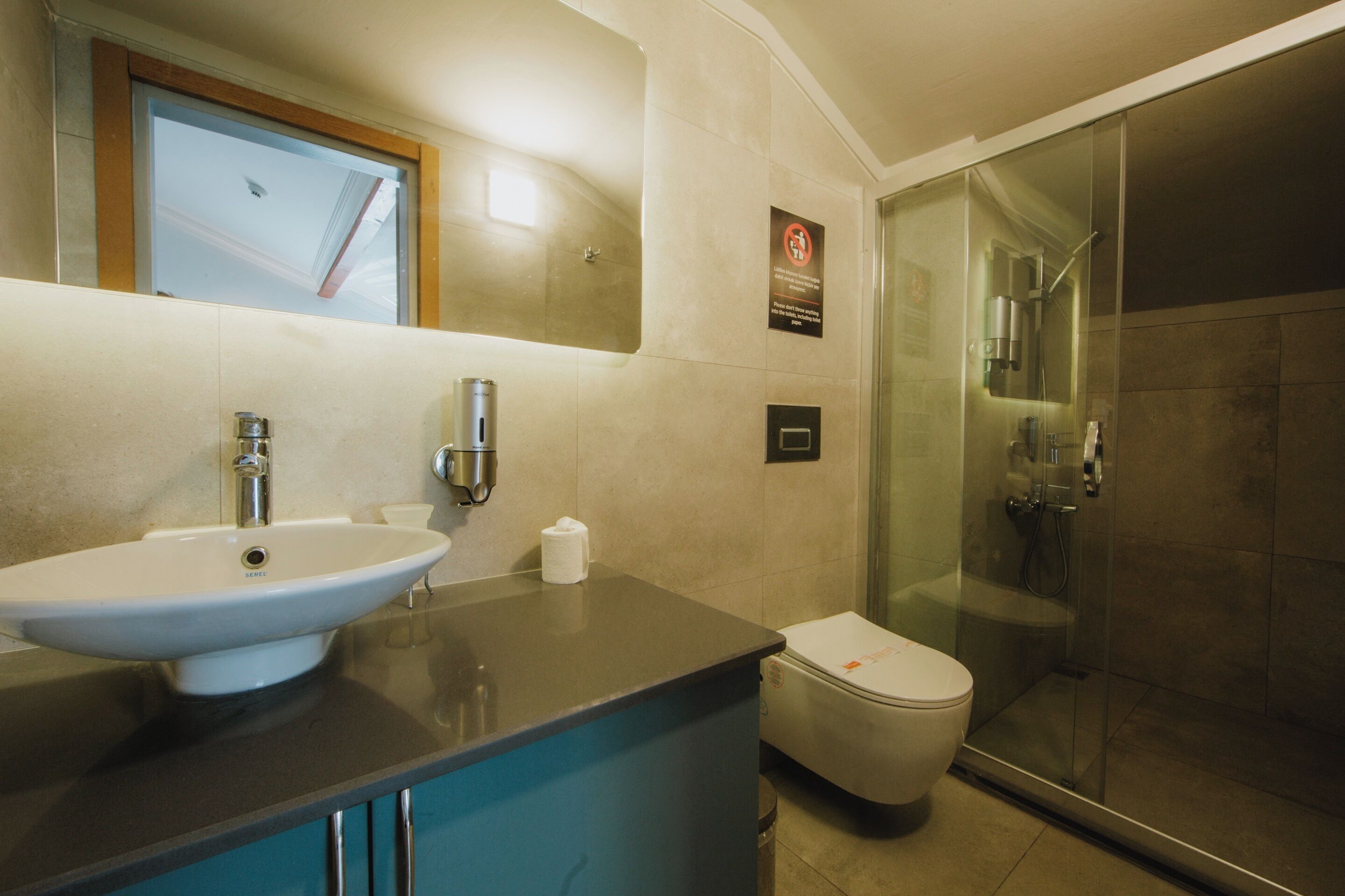 combined shower/bathtub, free toiletries, hair dryer, slippers