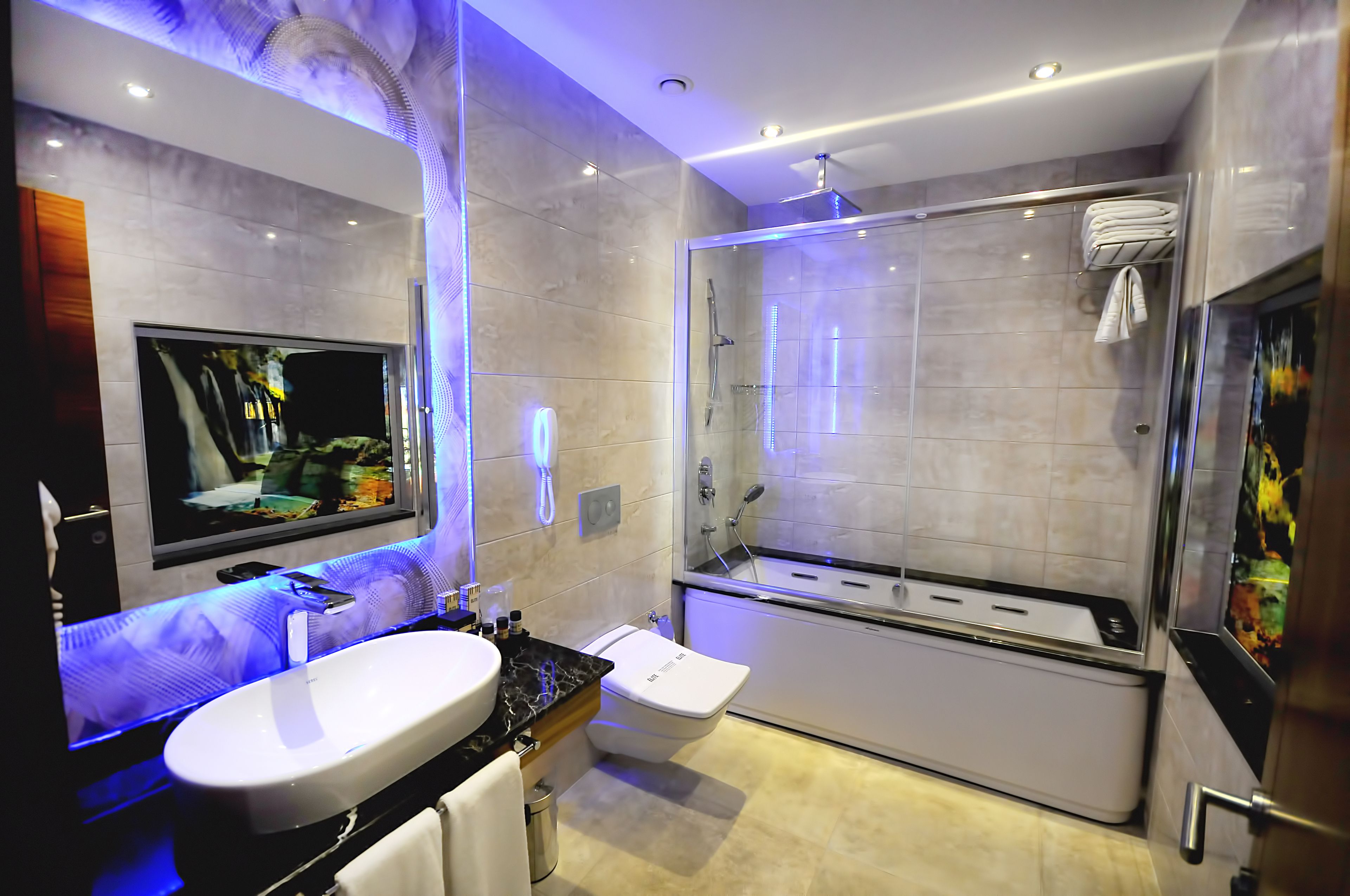 free toiletries, hair dryer, slippers, towels