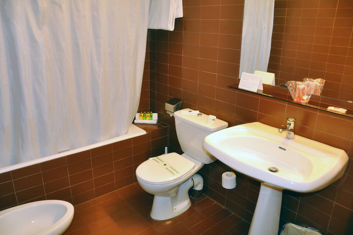 deep-soaking bathtub, free toiletries, hair dryer, towels