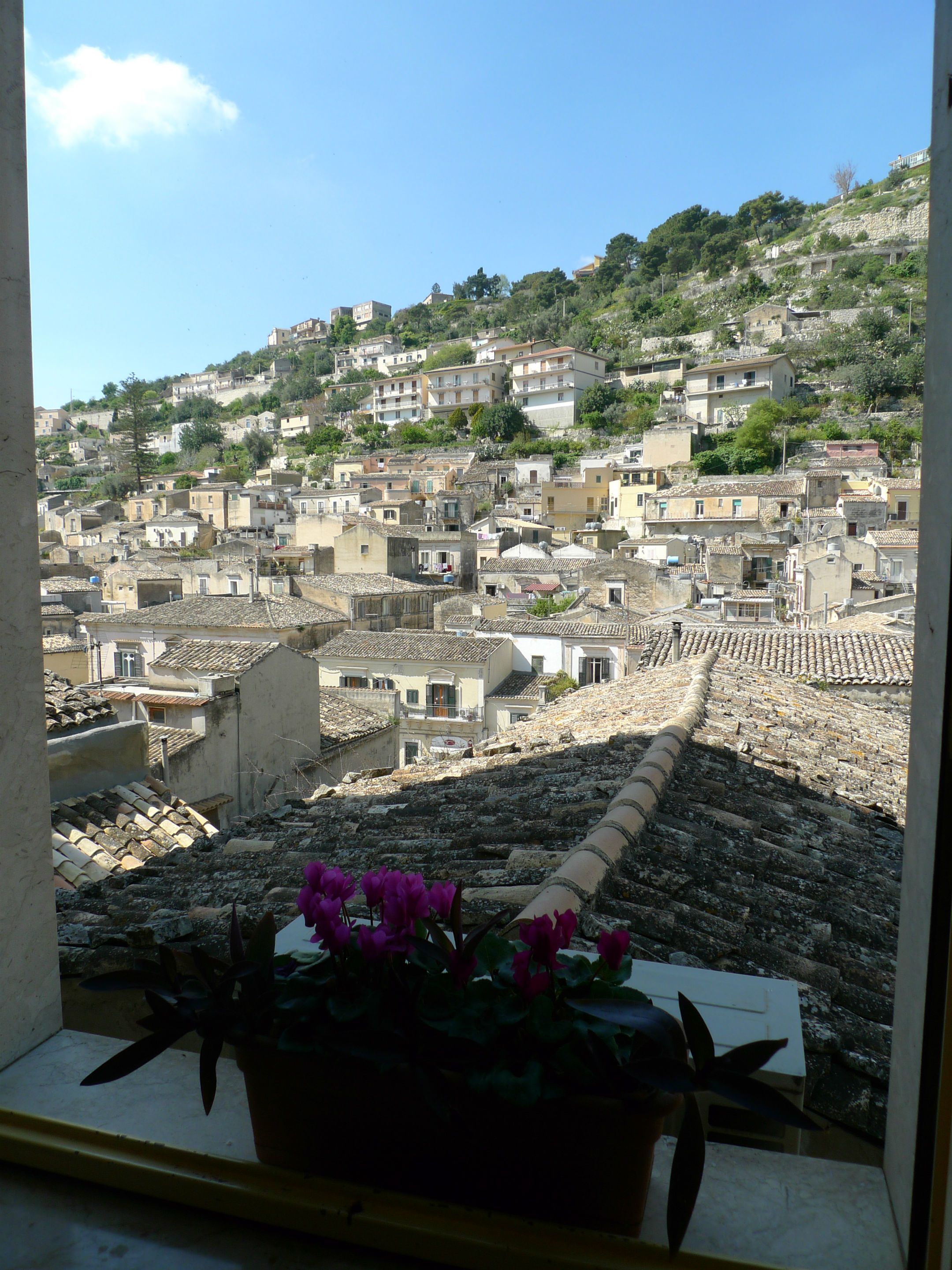 Blick auf eine Hügelstadt mit Häusern mit Terrakotta-Dächern, einer Steintreppe und einem Blumentopf mit violetten Blüten im Vordergrund.