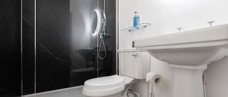 A modern bathroom with a toilet, a glass shower enclosure, and a white sink with a mirror above it.