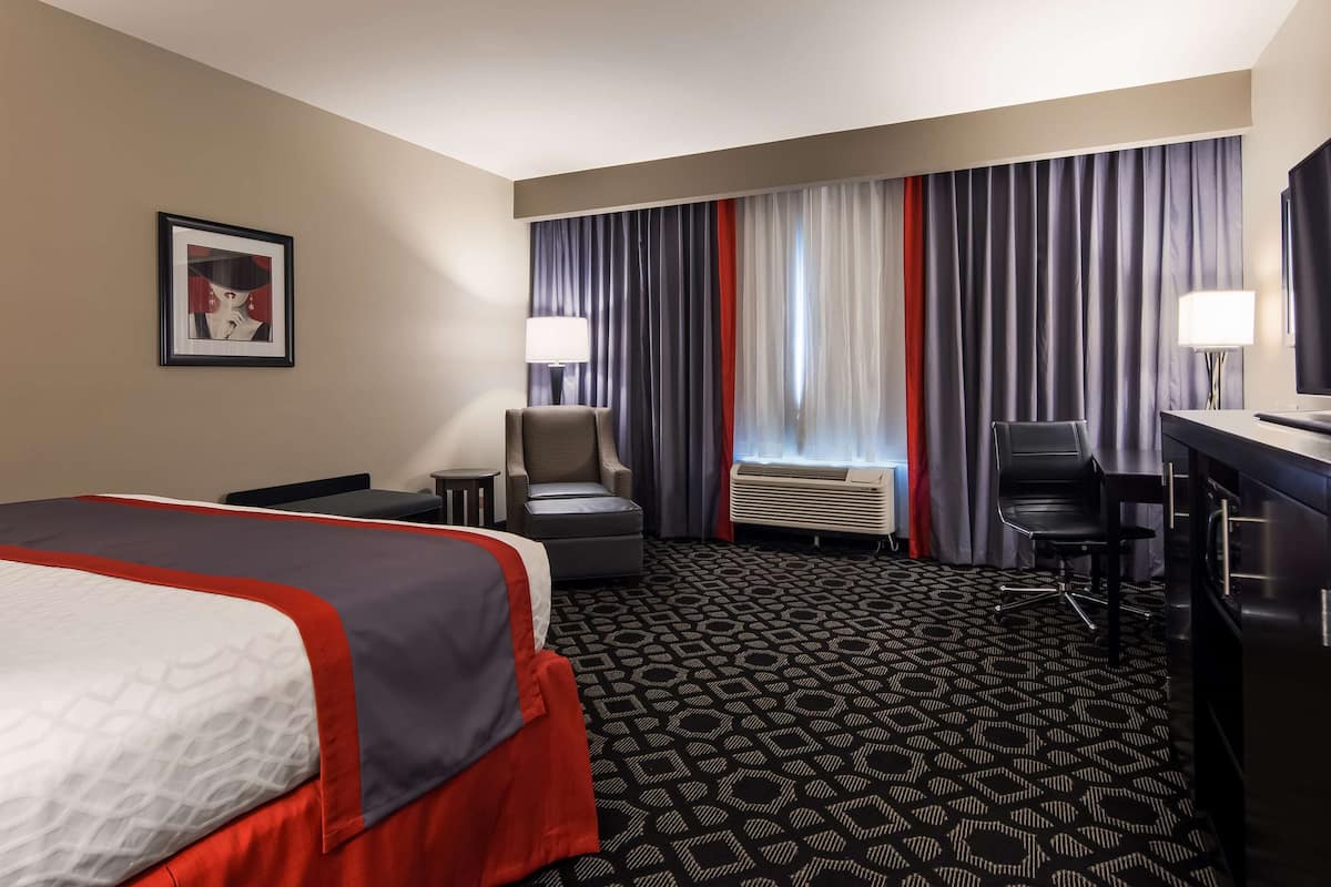 standard room, 1 king bed, non smoking (shower only;larger room) | premium bedding, in-room safe, desk, iron/ironing board