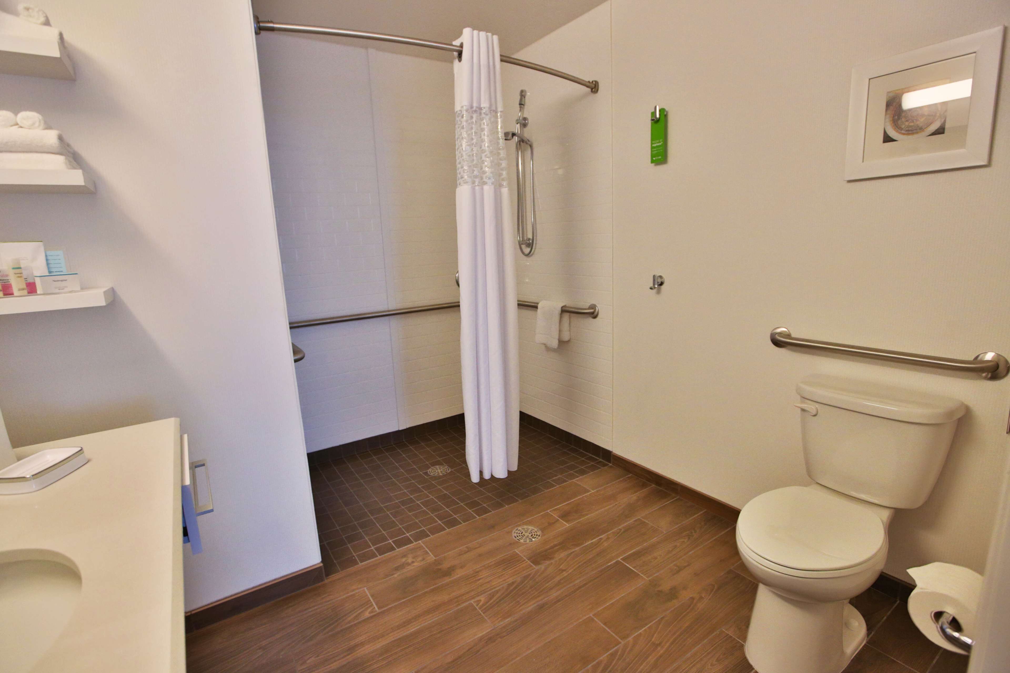 room, accessible, non smoking (roll-in shower) | bathroom | shower, free toiletries, hair dryer, towels