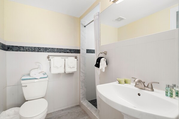 Une salle de bain avec des toilettes, une douche et un lavabo.