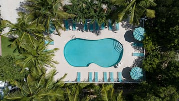 Una piscina al aire libre, sombrillas, sillones reclinables de piscina