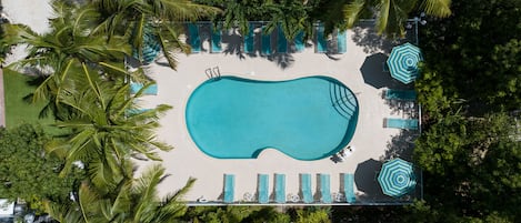 Una piscina al aire libre, sombrillas, sillones reclinables de piscina