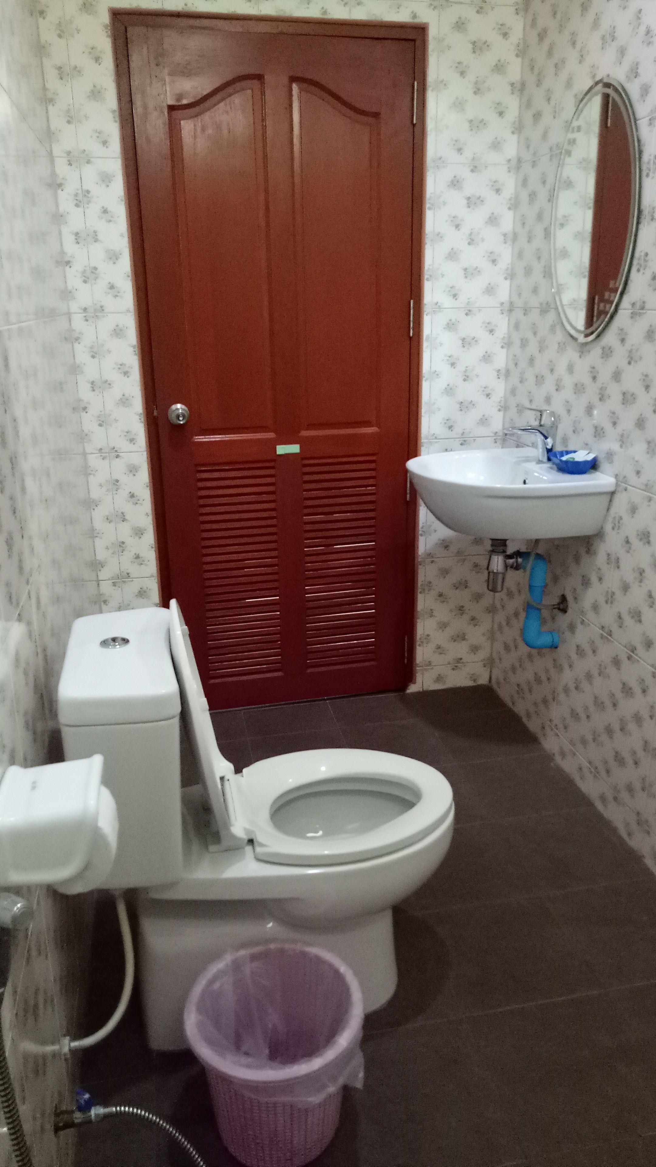 A bathroom with a toilet, sink, and a door.