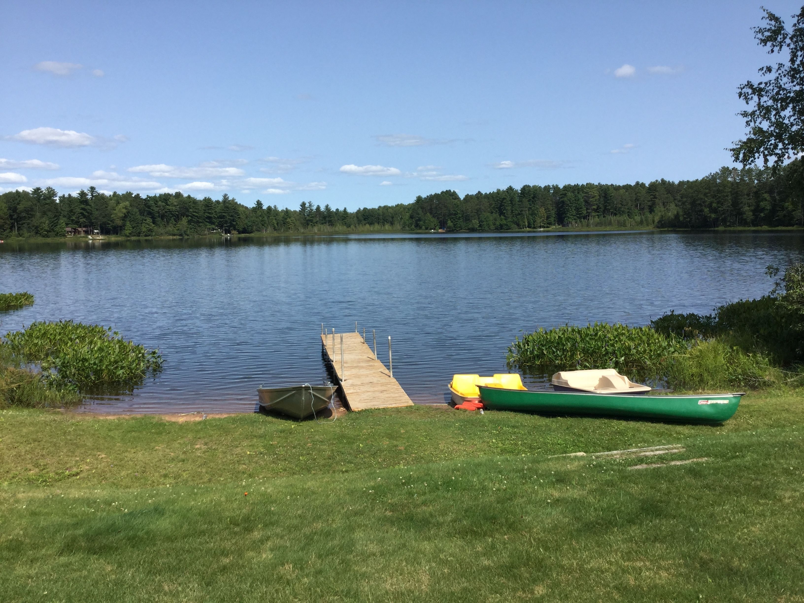 A grassy lakeside area with a wooden dock extending into calm water, surrounded by trees.