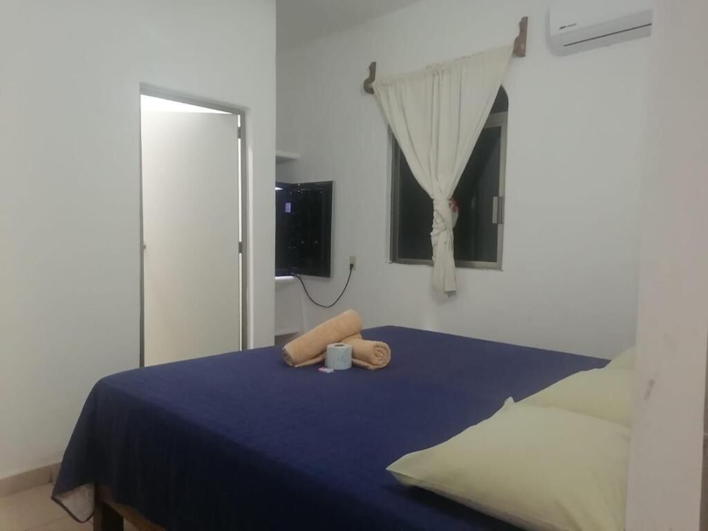 Una habitación con cama, ventana con cortina, aire acondicionado de pared y puerta.