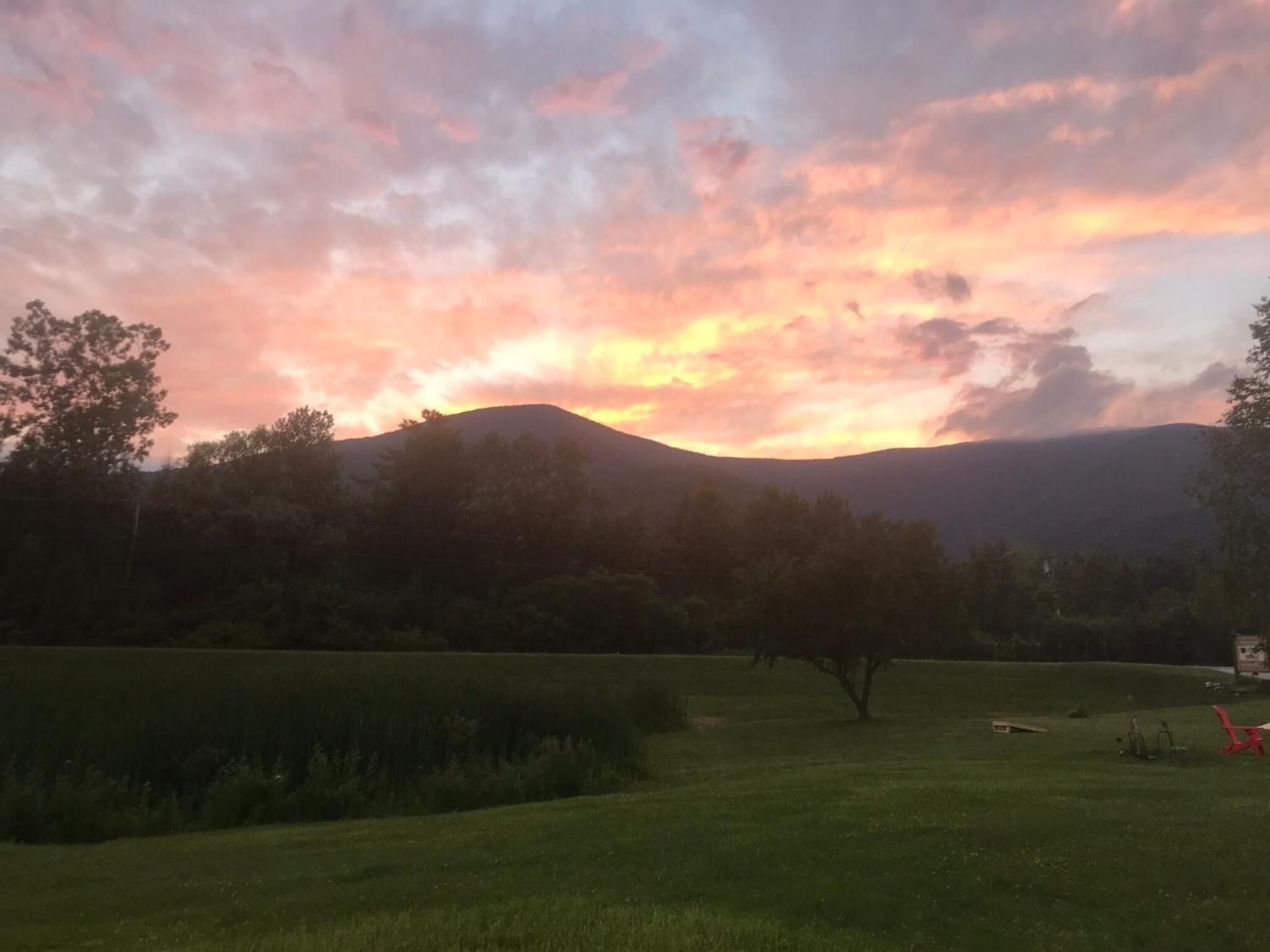 A grassy field with a mountain in the background and a cloudy sky.