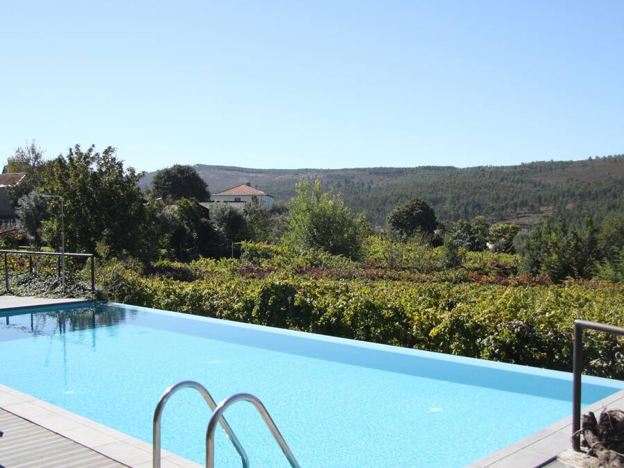 A swimming pool with a metal ladder, surrounded by lush greenery and hills in the background.