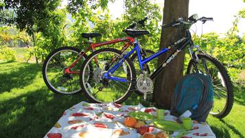 Un montaje para picnic con un mantel estampado con motivos de frutas, una bicicleta y una mochila.