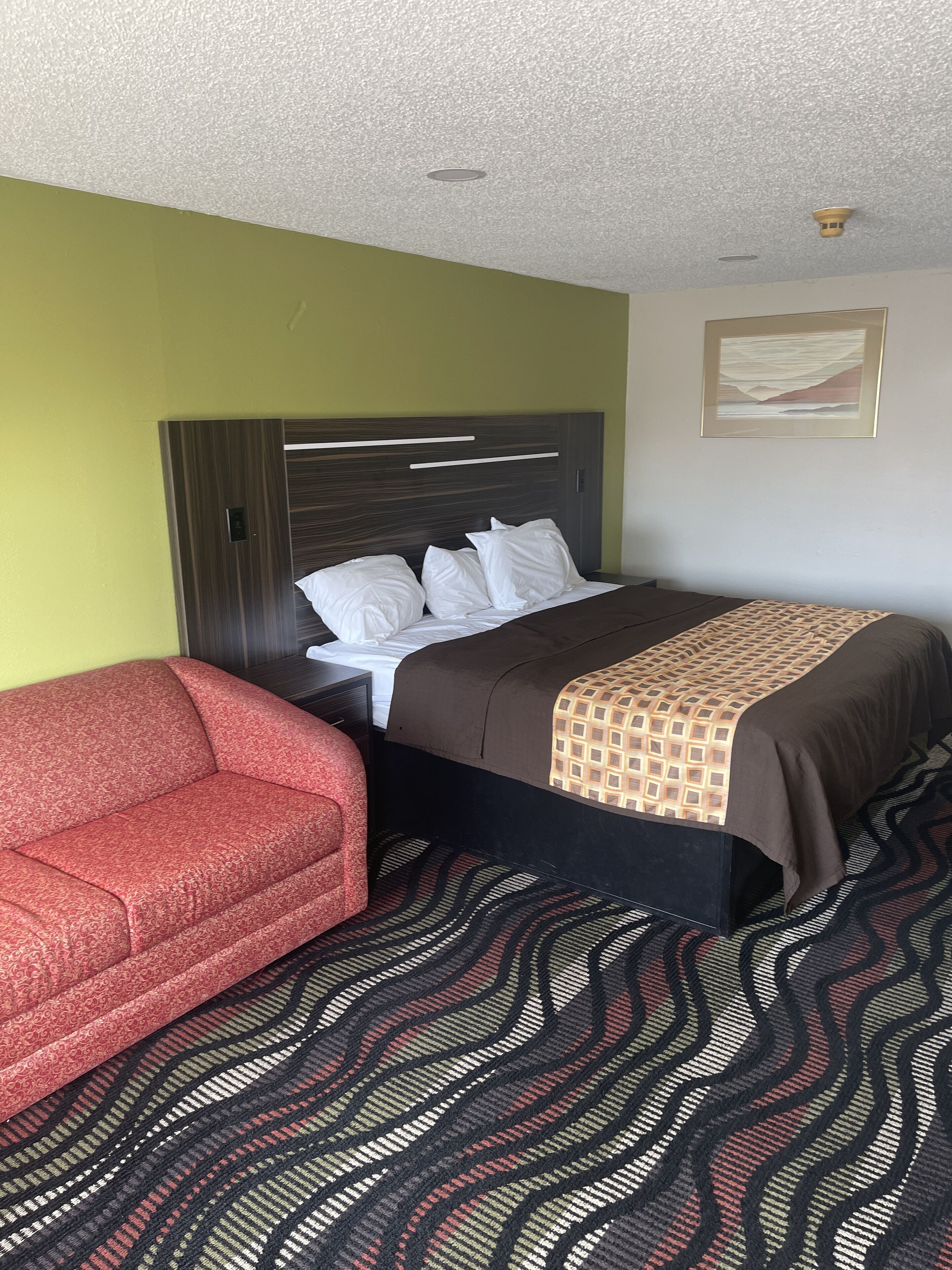 Une chambre d’hôtel avec un lit, un canapé rouge, une moquette à motifs et un tableau au mur.