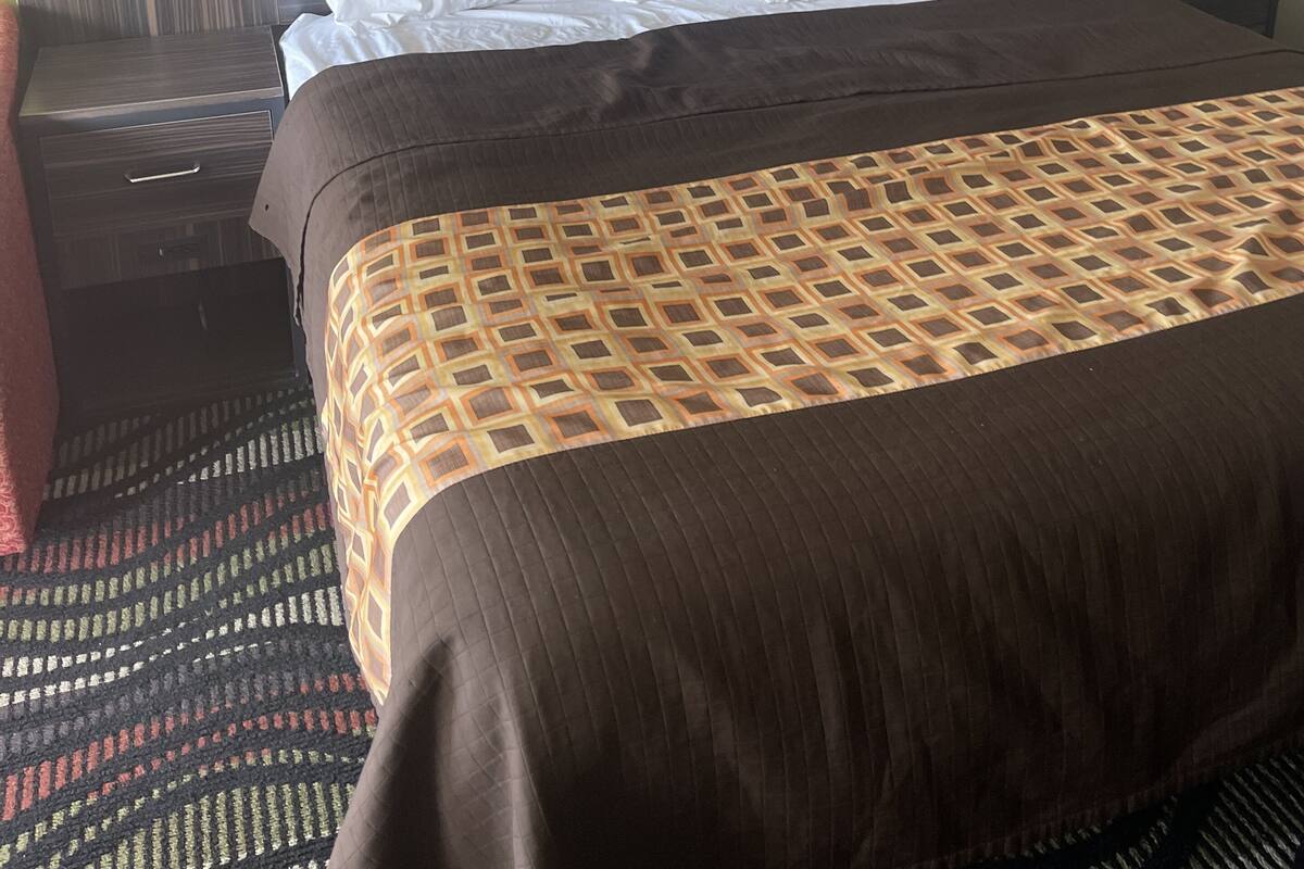 A hotel room with a bed, a nightstand, a drawer, and a patterned rug.