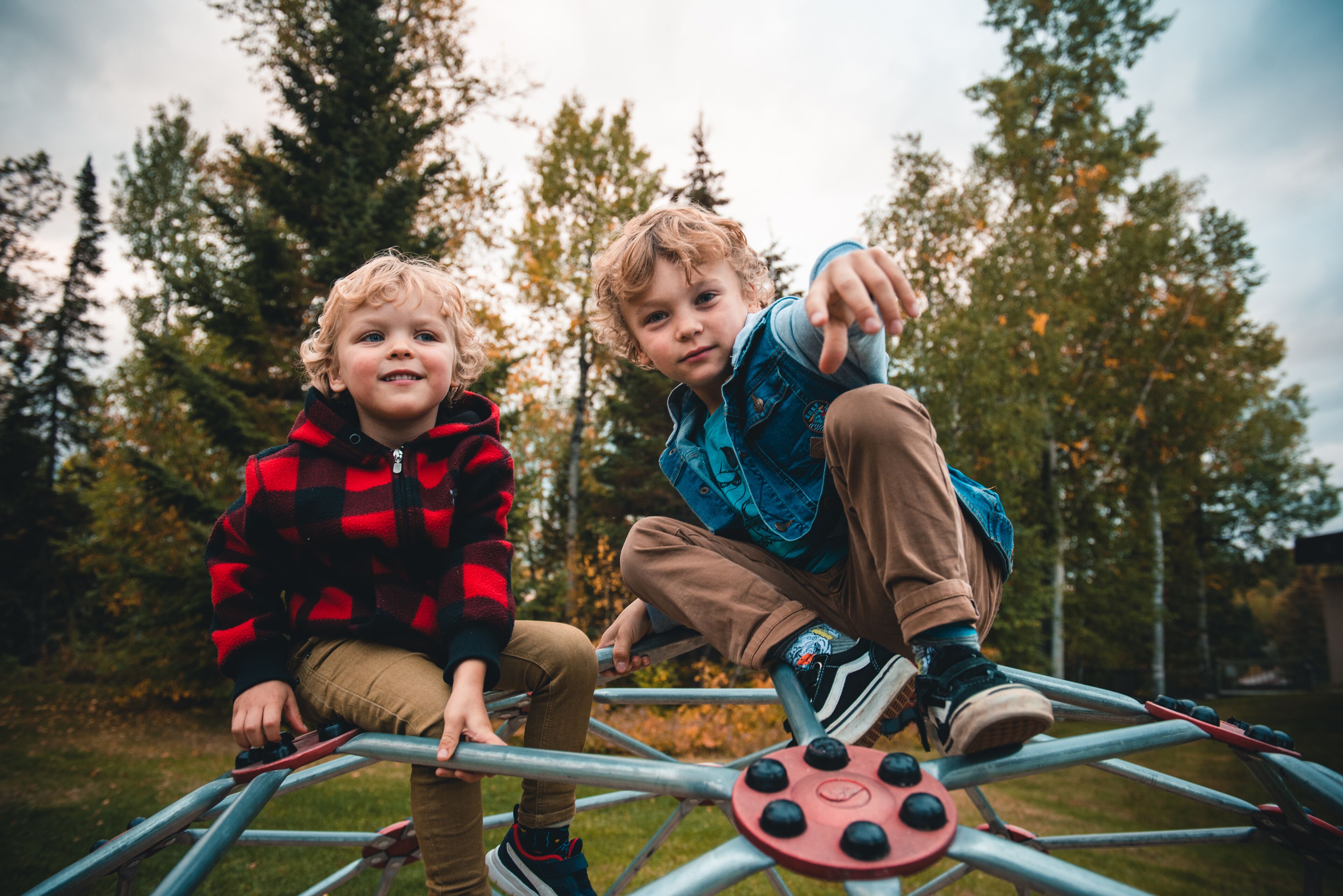 Two children playing on a metal structure in a park with trees in the background.
