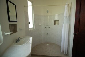 Shower, free toiletries, hair dryer, towels