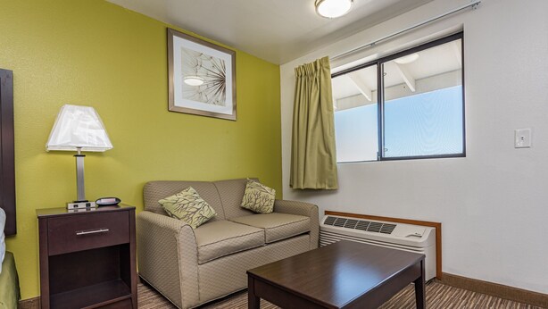 Una habitación con sofá, una mesa, una lámpara, un cuadro en la pared y una ventana con cortinas.