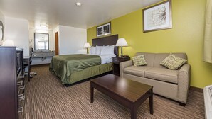 Una habitación de hotel con cama, sofá, escritorio con lámpara y un cuadro en la pared.