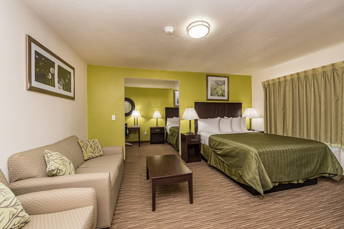 Una habitación de hotel con una cama, un sofá, una mesita de noche, una lámpara y un marco de fotos en la pared.