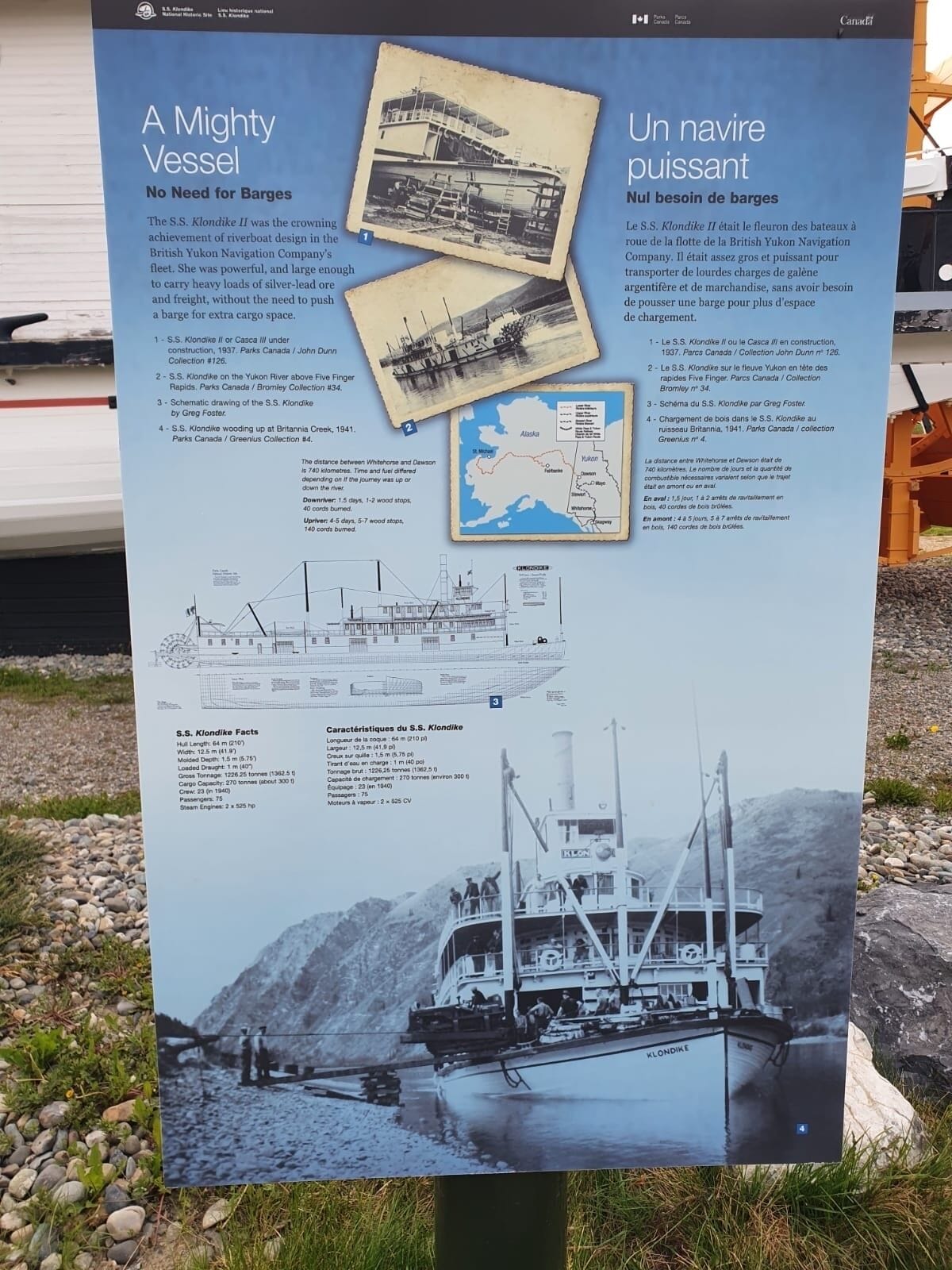 A detailed informational poster about the S.S. Klondike II, including historical photos, a map, and technical specifications.