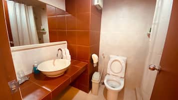 Une salle de bain équipée d’un lavabo, d’un miroir, de toilettes et d’un distributeur de serviettes.