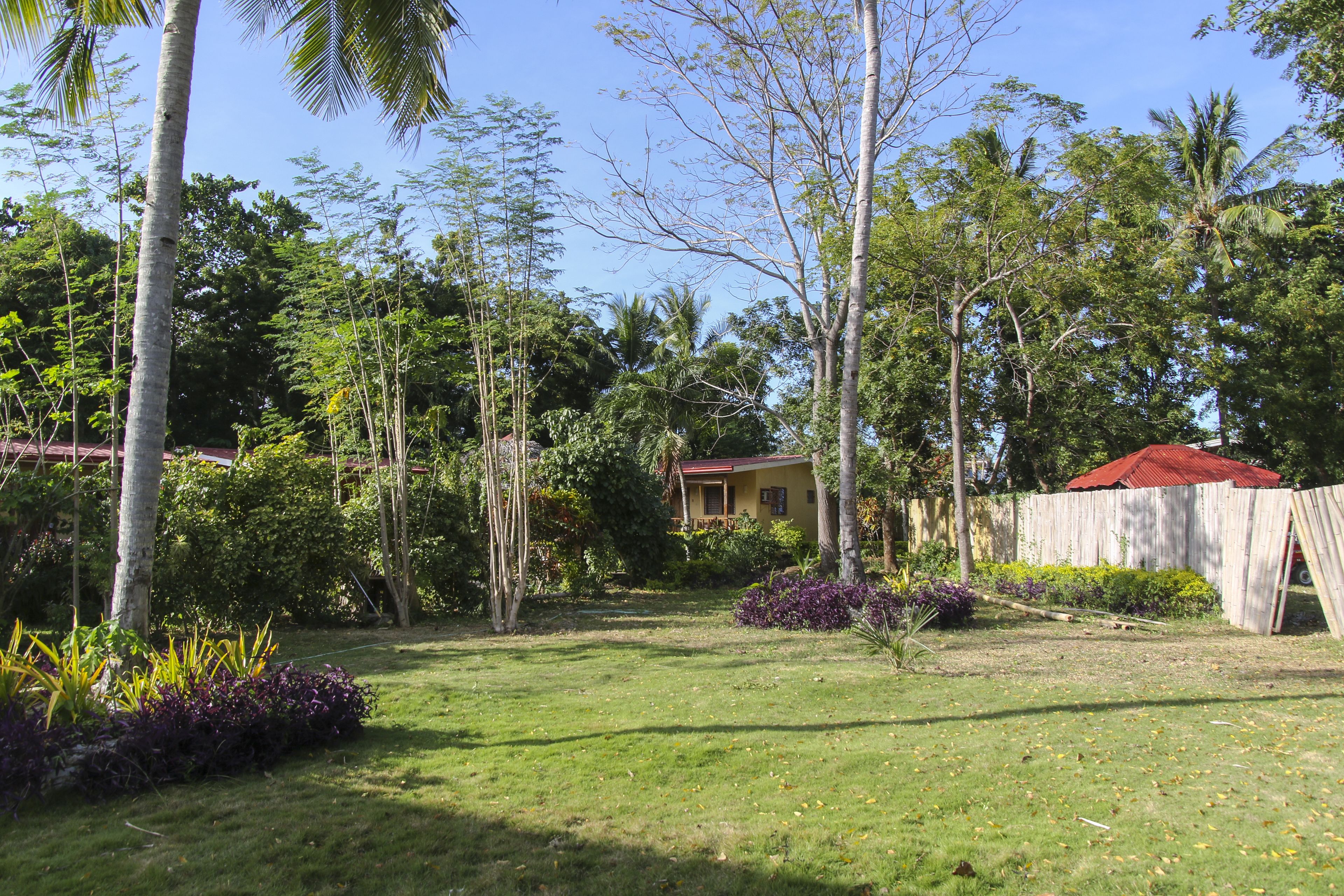 A lush garden with various trees and a small building with a red roof.