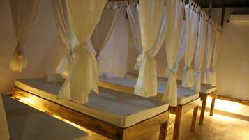 Sauna, spa tub, body treatments, body scrubs, facials, 4 treatment rooms