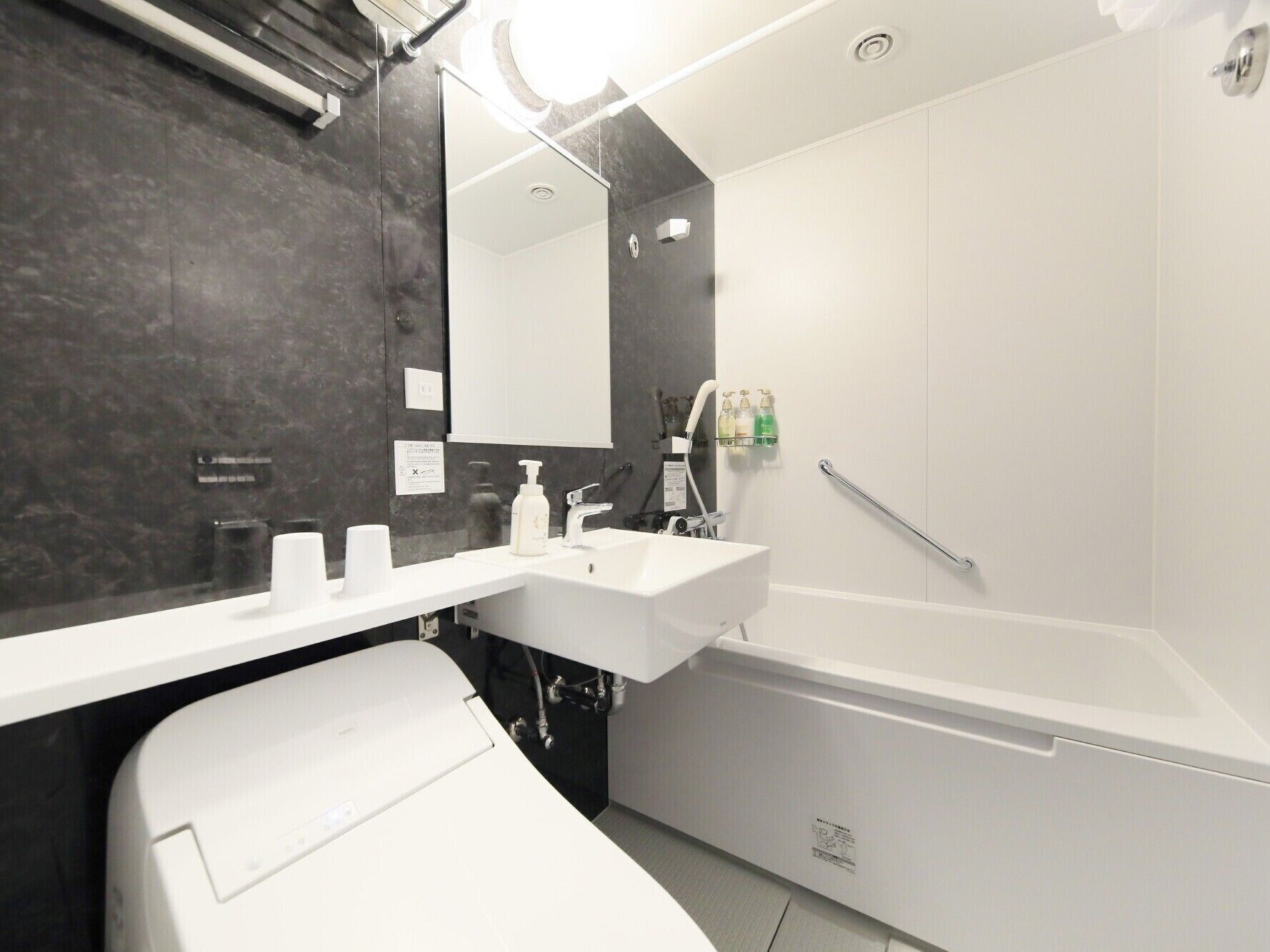 Combined shower/tub, hair dryer, slippers, electronic bidet