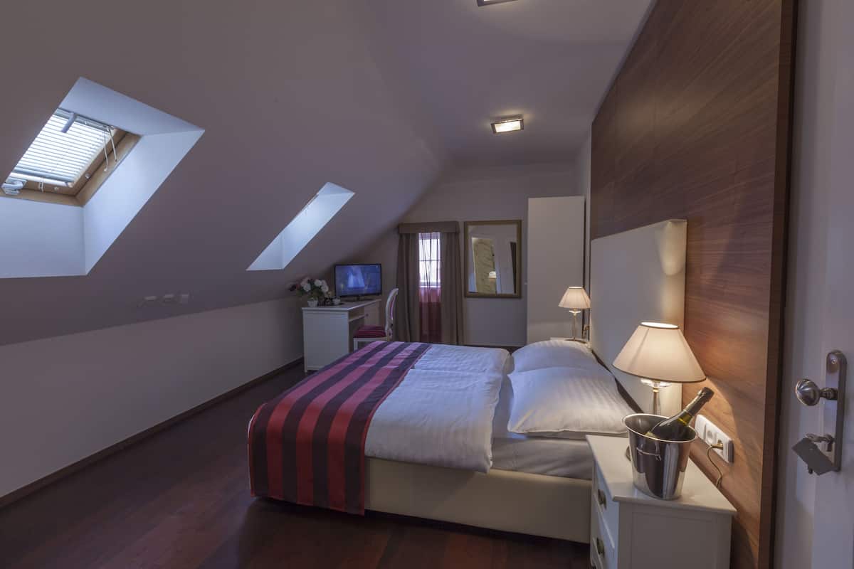 Enjoy a room with a sloped ceiling, skylights, and a view of the outdoors. Features a bed, bedside table, and desk with a TV.