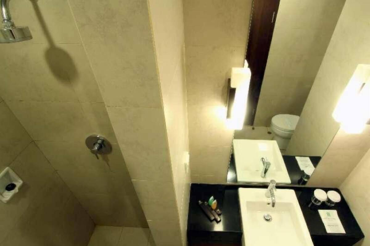 A bathroom with a shower, two sinks, a mirror, and a toilet.