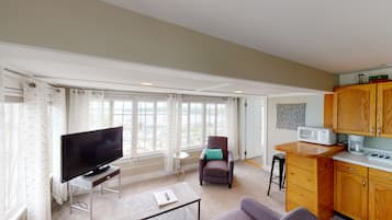 Suite panorámica, vista al lago | Área de sala de estar | Televisión de pantalla plana y reproductor de DVD