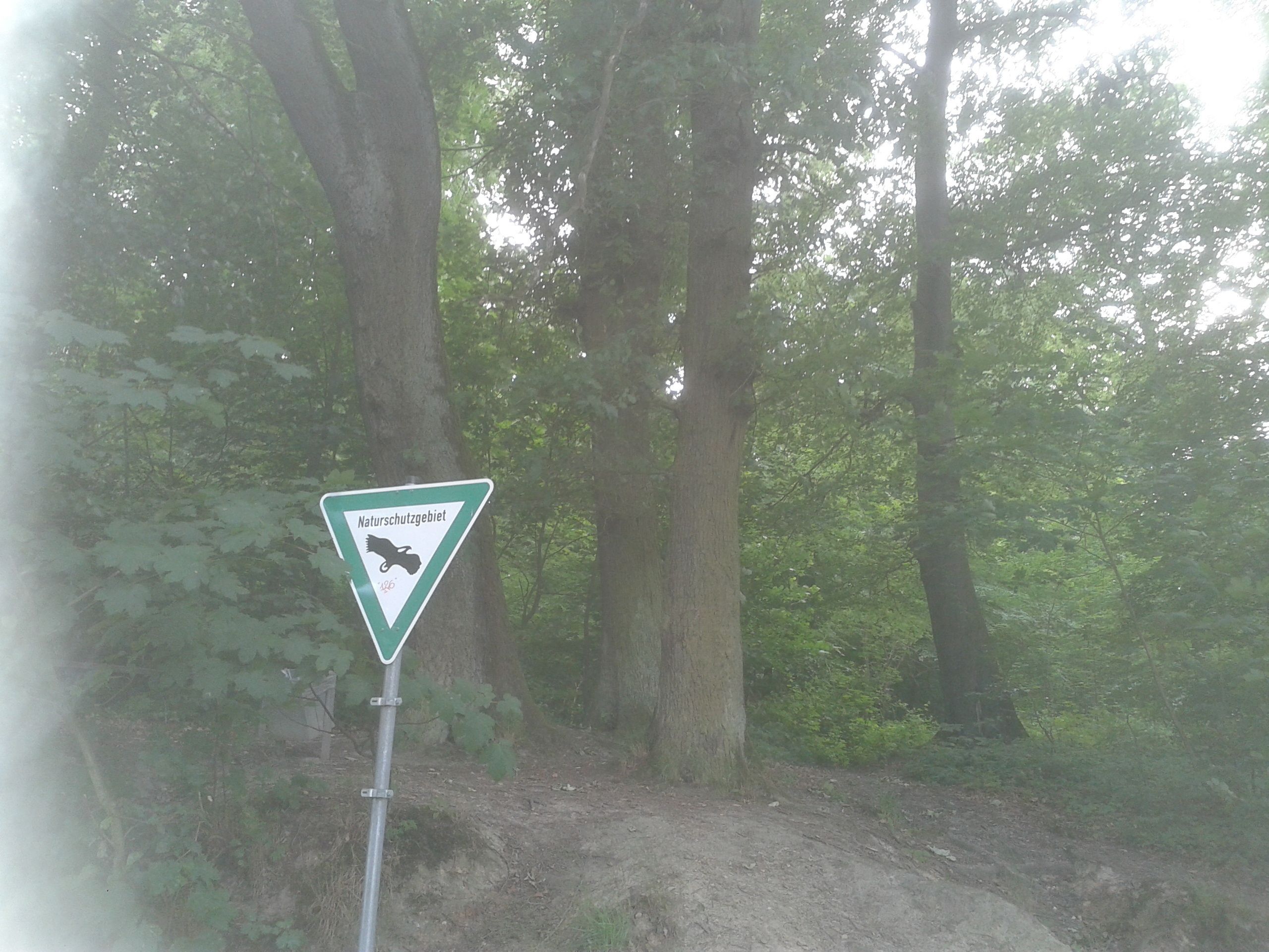 A triangular sign with a symbol of a car and a tree, indicating a protected natural area.