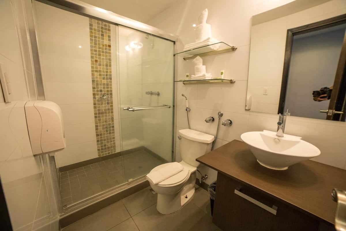 shower, free toiletries, towels