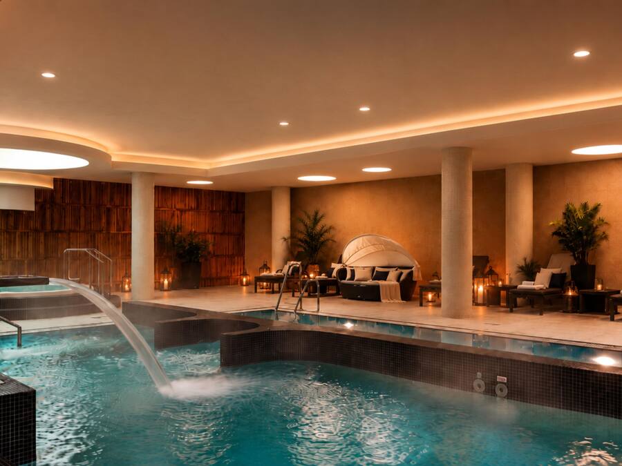 Un hall de hotel con piscina, zonas de estar y una recepción.
