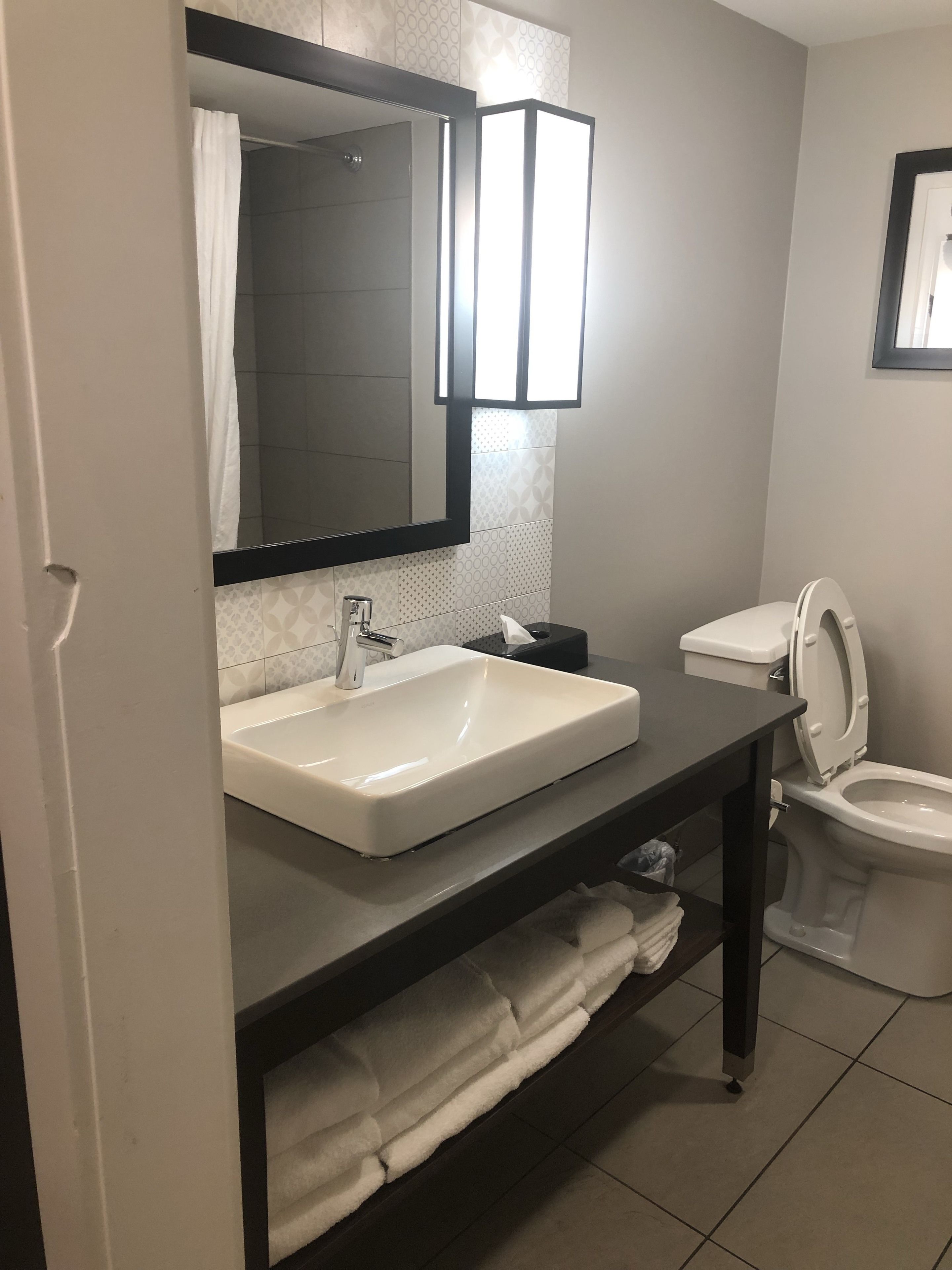 combined shower/bathtub, free toiletries, hair dryer, towels